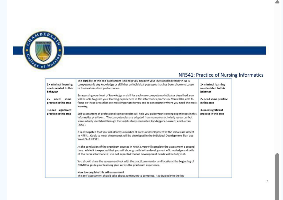 NR541 Week 1 Assignment: Self-Assessment of NI Competencies